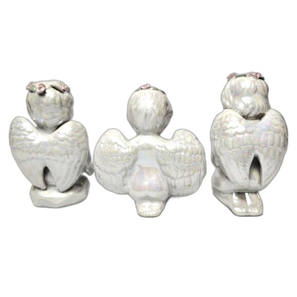 Set 3 Angels Cherubs Iridescent Glazed Ceramic Kneeling Praying 6 Inch - Picture 5 of 7